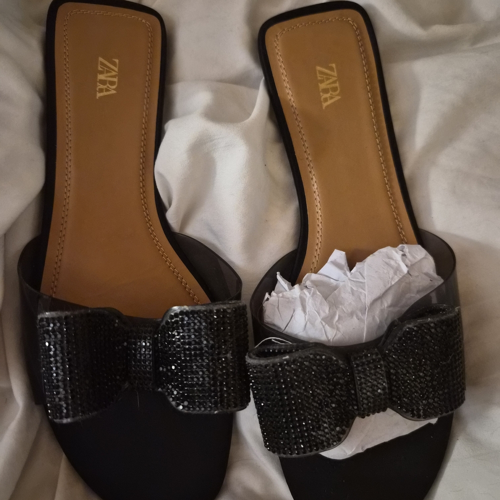ZARA Black Bow Slide Flats – Rhinestone Bow – Size 37